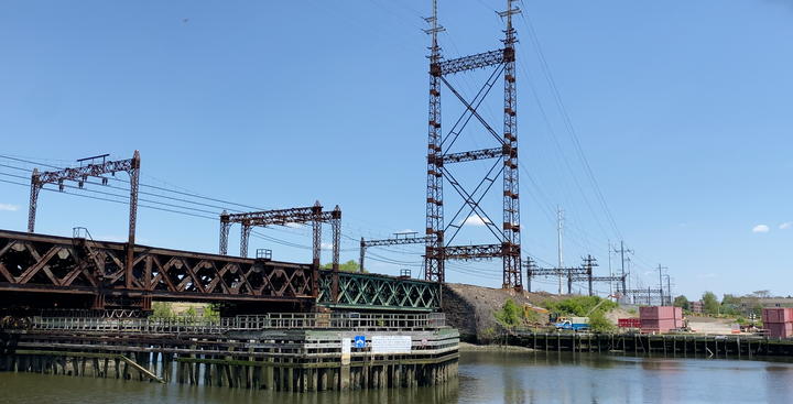 A train bridge over water