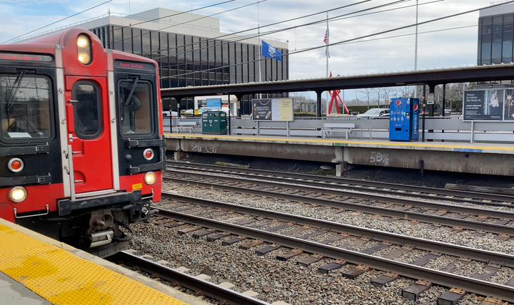 A train pulling into the station.